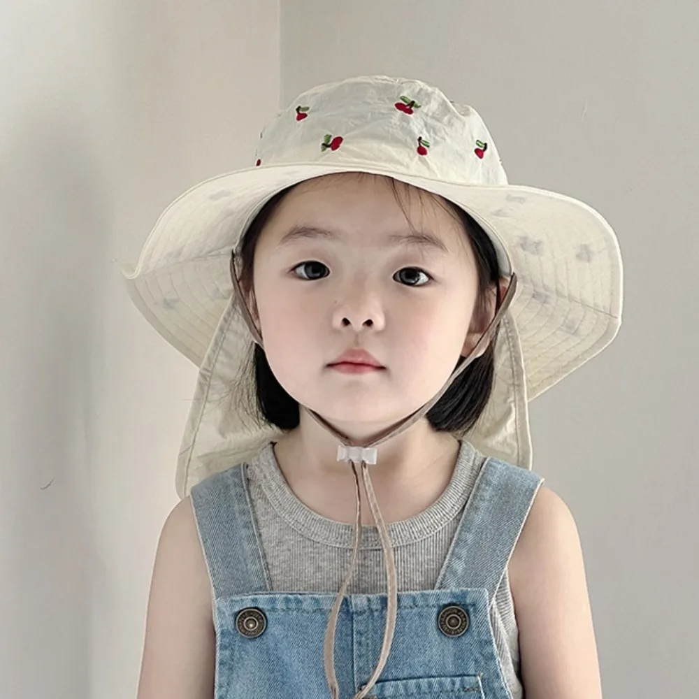 Gorro panamá Kawaii para niños, protección del cuello, bordado de dibujos animados, sombrero de cubo de ala ancha, protector solar, sombrero de pescador de verano de secado rápido