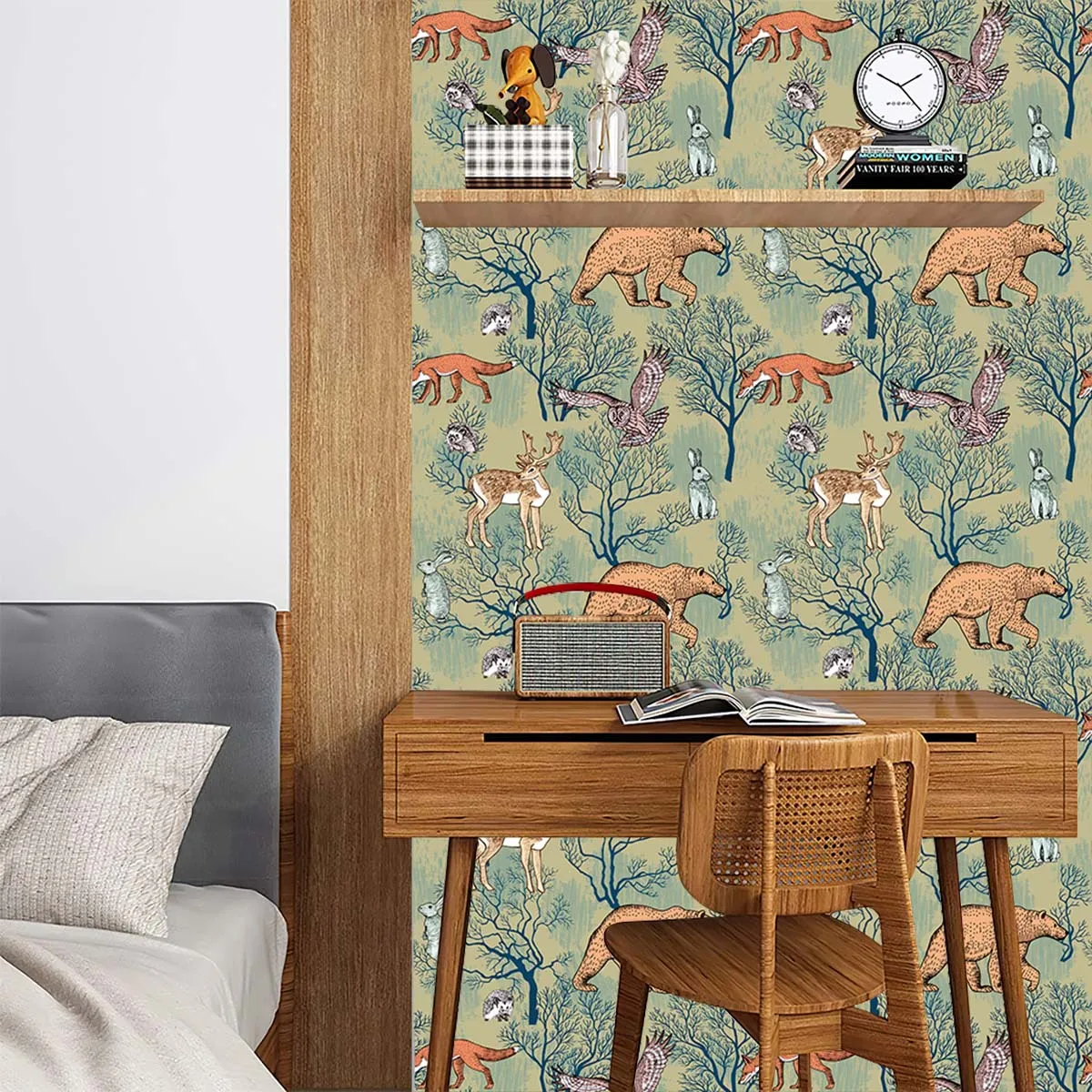 مخصص PVC ورق حائط ذاتي اللصق مع الدب الثعلب الغابات الحلزون الحيوان ملصقات جدار الزخرفية المدعومة الفن خلفية