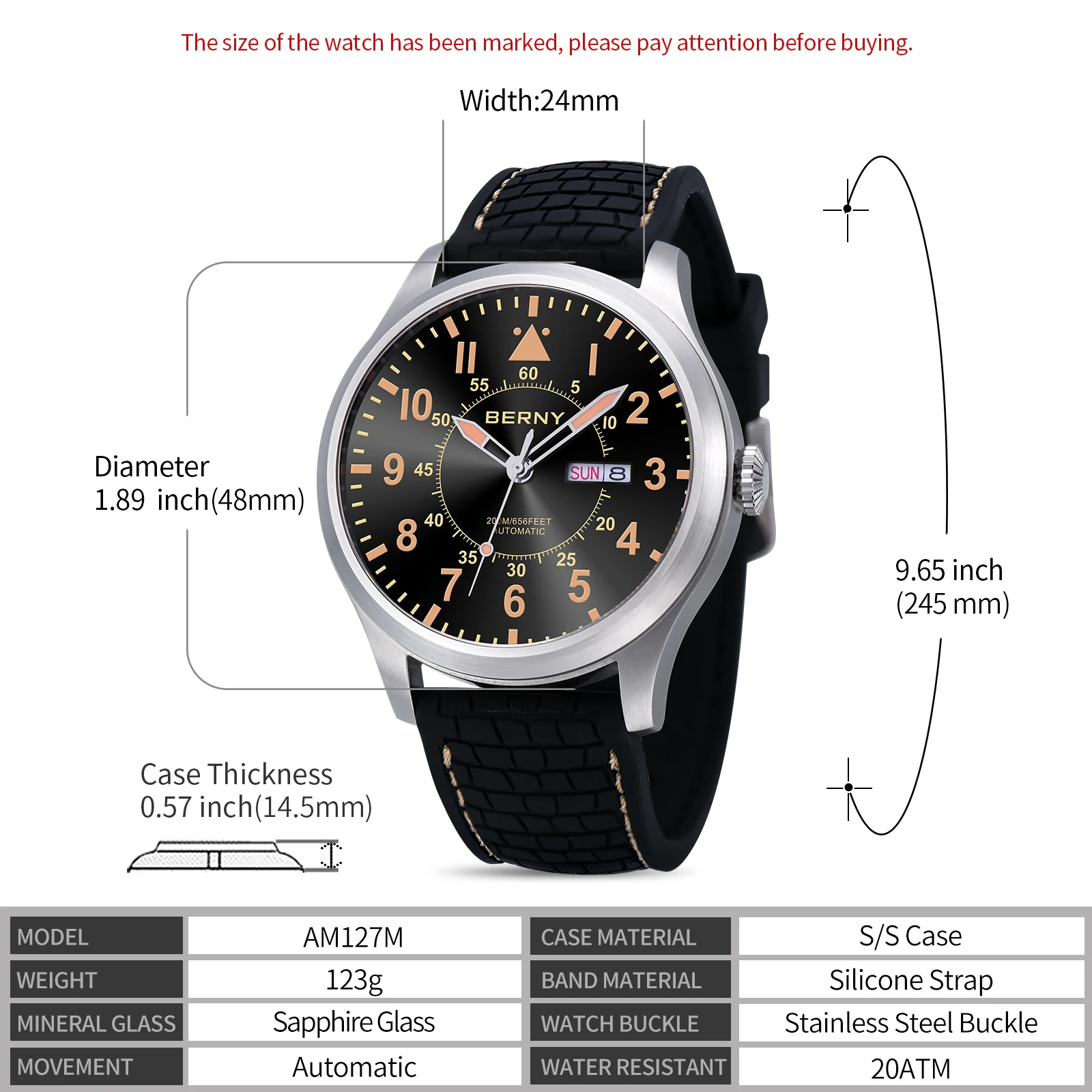 BERNY 20Bar Diver Men\'s Automatic Watch 100% Original Top Aviation Sapphire Luminous Over Size Waterproof 20ATM Top Men Watches