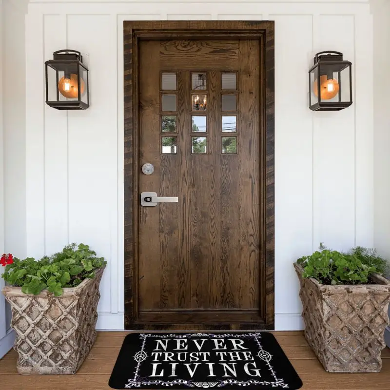 Never Trust The Living Front Door Mat Indoor Waterproof Goth occulto Halloween Witch Quote zerbino cucina ingresso tappeto tappeto