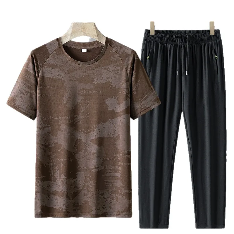 Mens Summer Camo 2 Piece Set Cool  Breathable Short Sleeve  Long Pants  Sports Casual Versatile Style