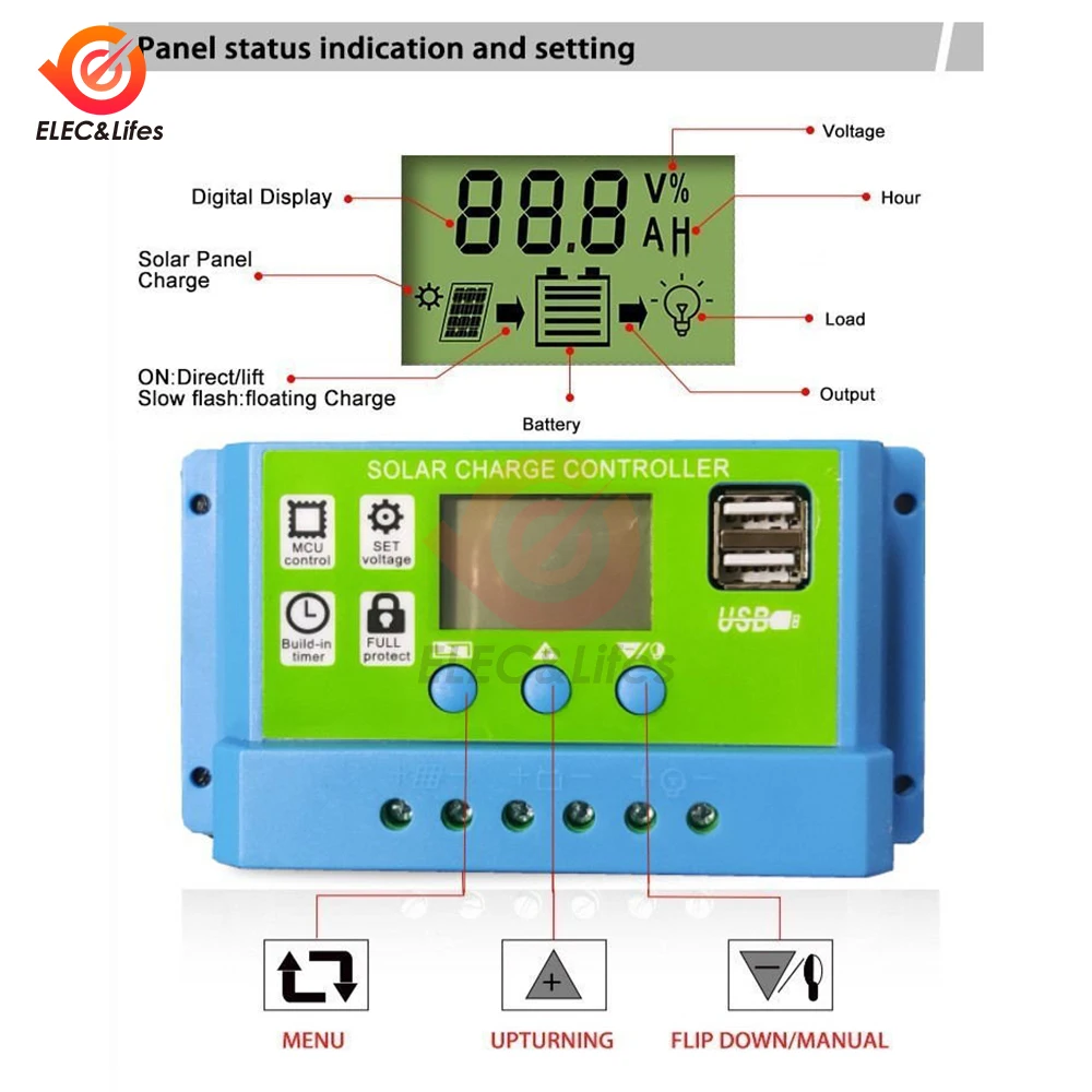 11.1V/12V/24V 10A 20A 30A Universal Solar Controller Photovoltaic Solar Charging Controller With LCD Display Dual USB Port