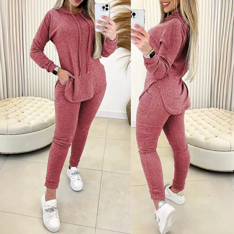 2023European and American Women's Clothing in Stock Solid Color Hoodie Comfort and Casual Suit Casual Fashion Two-Piece Suit