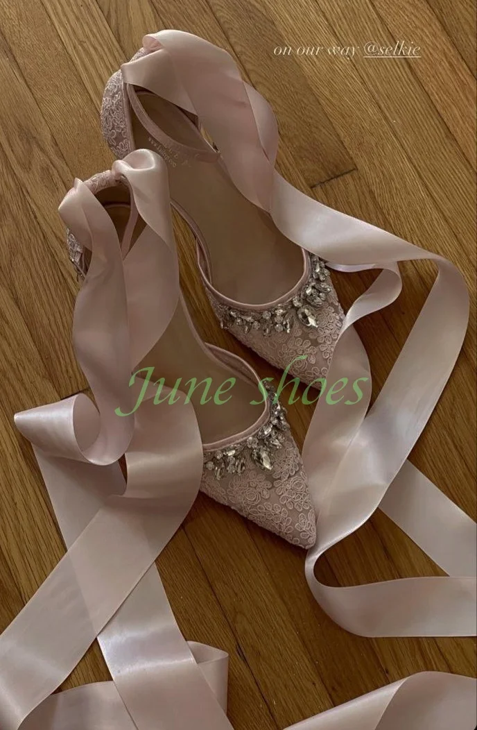 

Lady Rhinestone Satin Elegant Lace-Up Pumps Pointed Toe Mesh Design Stiletto Heel Elegant Banquet Dress Pumps Rhinestone Size 46