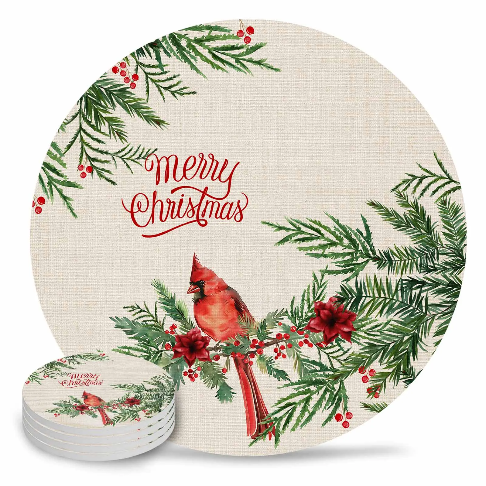 Christmas Berry Plants Cardinals Ceramic Coaster Set Kitchen Table Round Placemat Luxury Decor Coffee Tea Cup Coasters