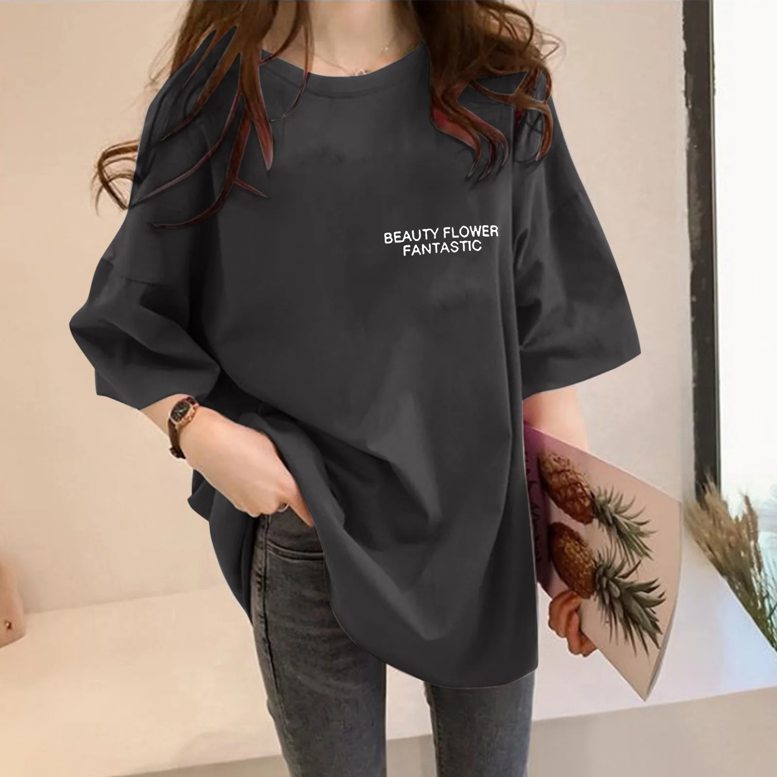 Letter Print Oversized T-shirt Round Neck Short Sleeve Graphic Tees Women Casual Loose T-shirts Femme Playeras Mujer