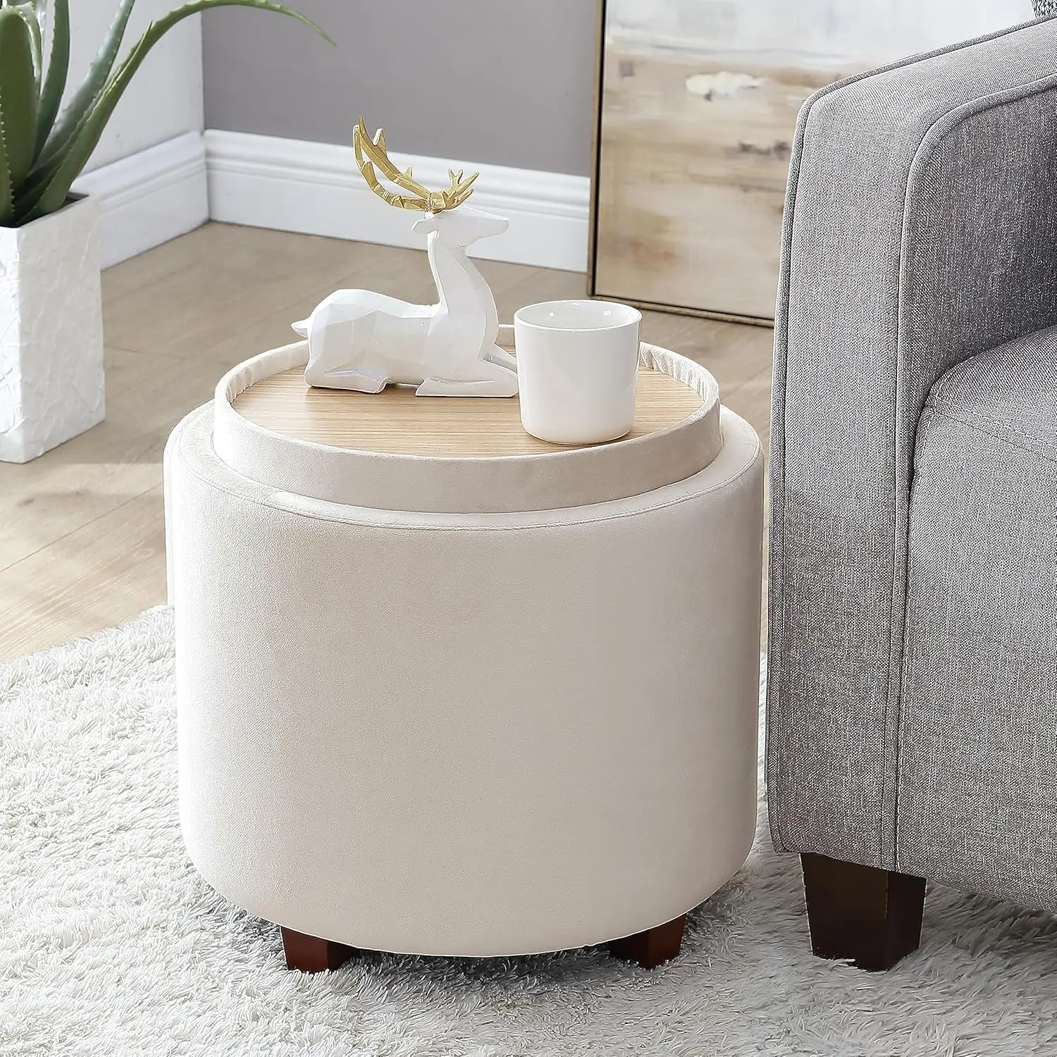 

Round Storage Ottoman with Lift Off Lid and Tray Lid Coffee Table, Ottoman with Storage for Living Room, Bedroom and Office,