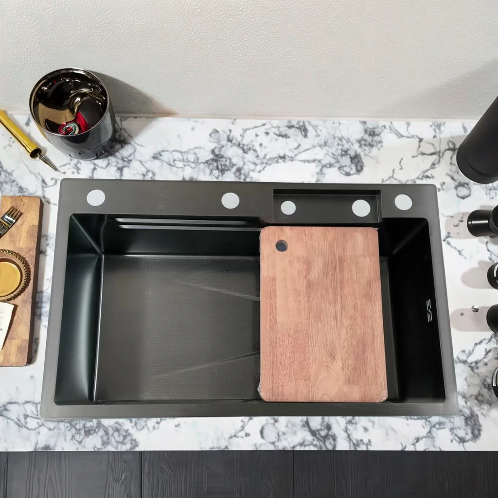 Lavello da cucina multifunzione a vasca singola in acciaio inossidabile, rubinetto con montaggio quadrato, trattamento superficiale nano, scolapiatti sottopiano