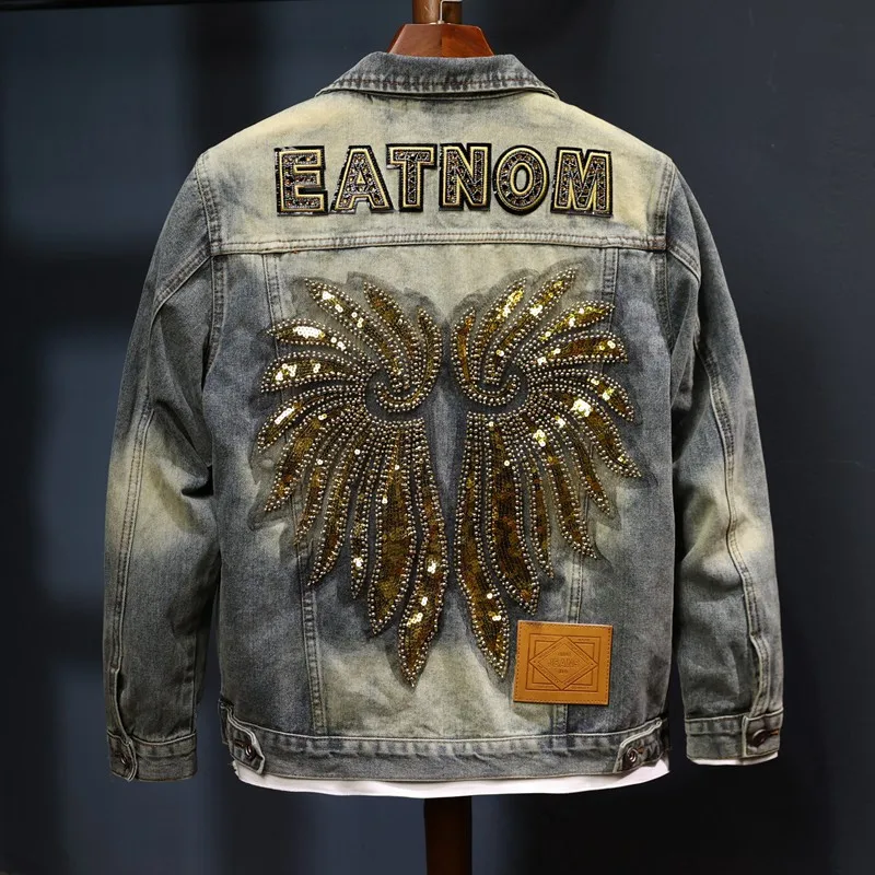 Fashion Nostalgic Denim Jacket Men's Retro Classic Wings Sequin Design Trendy Casual Menswear Motorcycle Jacket ﻿