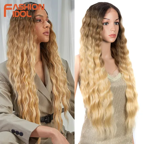 FASHION IDOL, peluca de encaje ondulado con agua de 30 pulgadas, pelucas de pelo ondulado marrón Rubio degradado sintético para mujer, peluca de Cosplay de fibra de alta temperatura