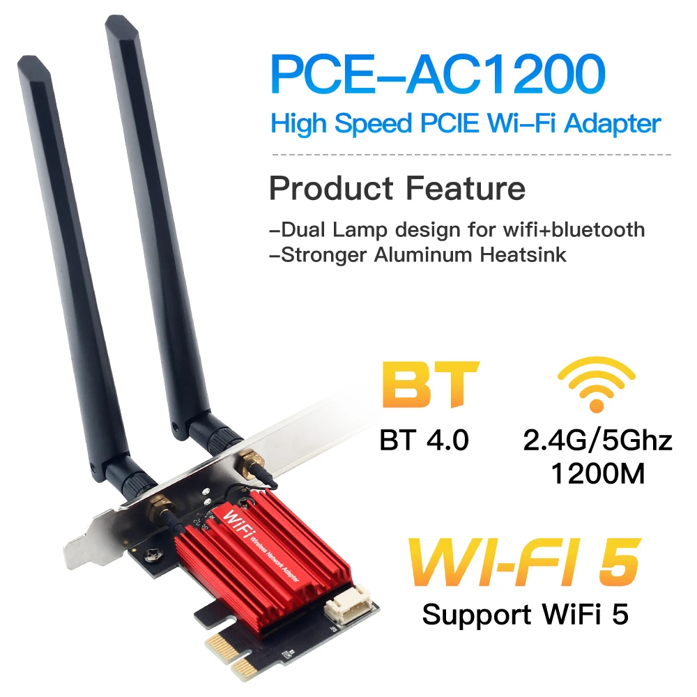 Fengvi-ワイヤレスネットワークアダプター,wifi 5, pci-e, ac1200デュアルバンド,2.4g/5ghz, 802.11ac, bluetooth 4.0,デスクトップ,ラップトップ,Windows 10