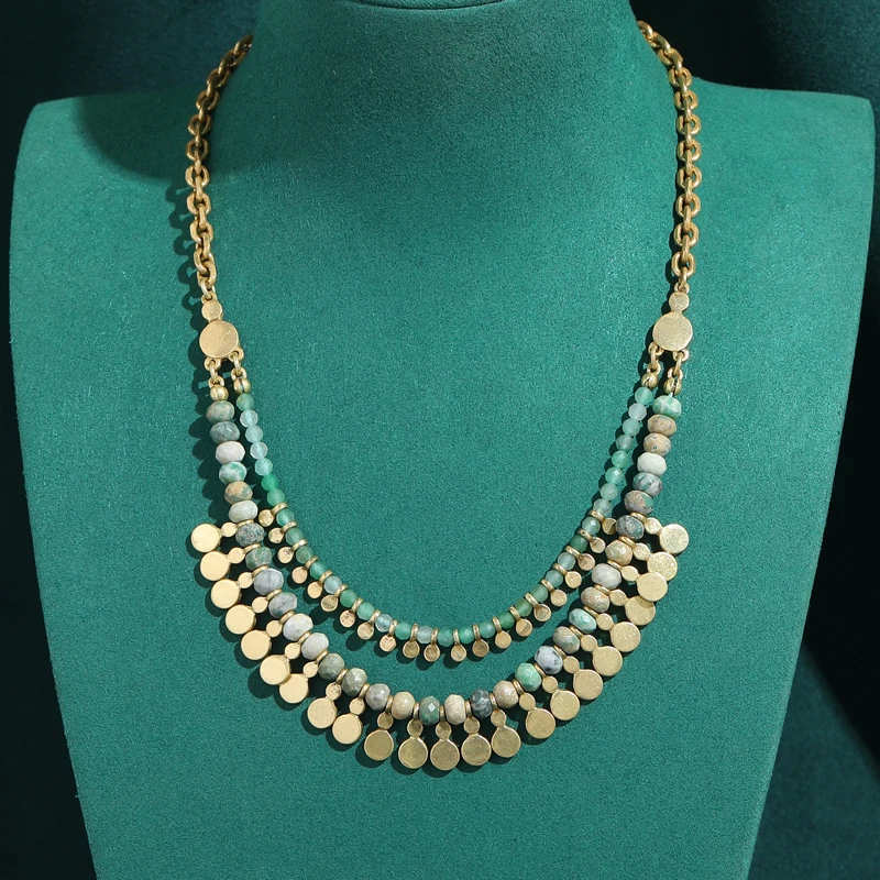 

Vintage Moss Natural Stone Layered Beads Necklace Pendant For Women 2026 Gold Color Charm Quality Jewelry Party Art Deco Gifts