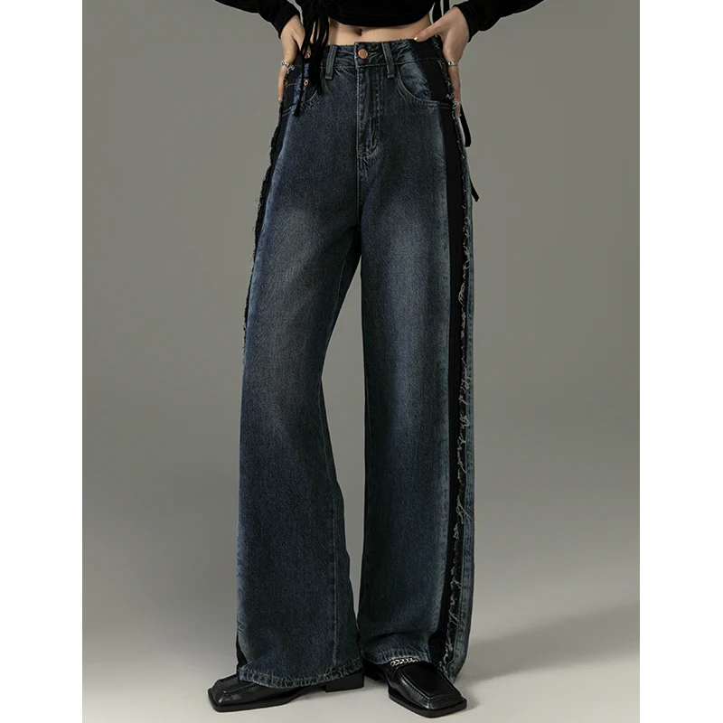 

High Waist Wide Leg Retro Denim Jeans Women's Fall Faion plus Size Loose Straight Cut Slimming Trousers Long Pants Deep Color