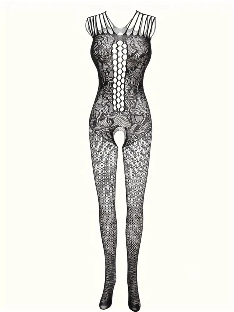 Semi Sheer Bodysuit Hollow Out Sleeveless Fishnet Design Hand Washable Mature Style Polyamide Bodystocking for Women Solid BDSM