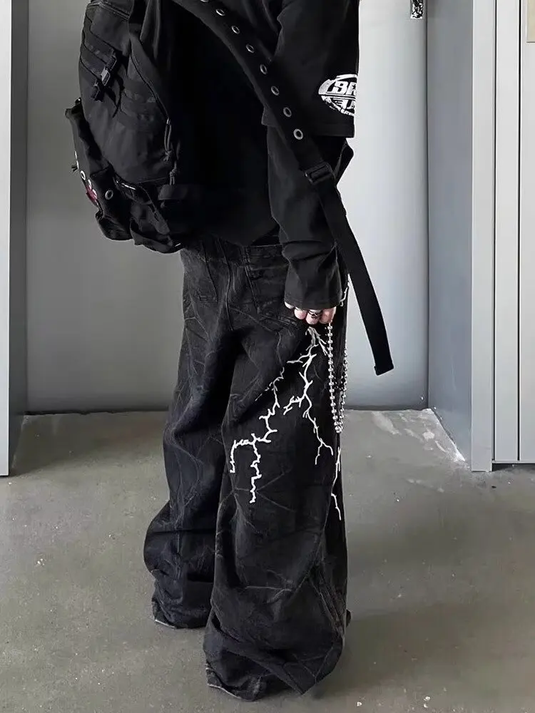 American High Street Design Sense Embroidered Lightning Loose Casual Men's Straight Leg Floor-Length Jeans Trendy Fashion