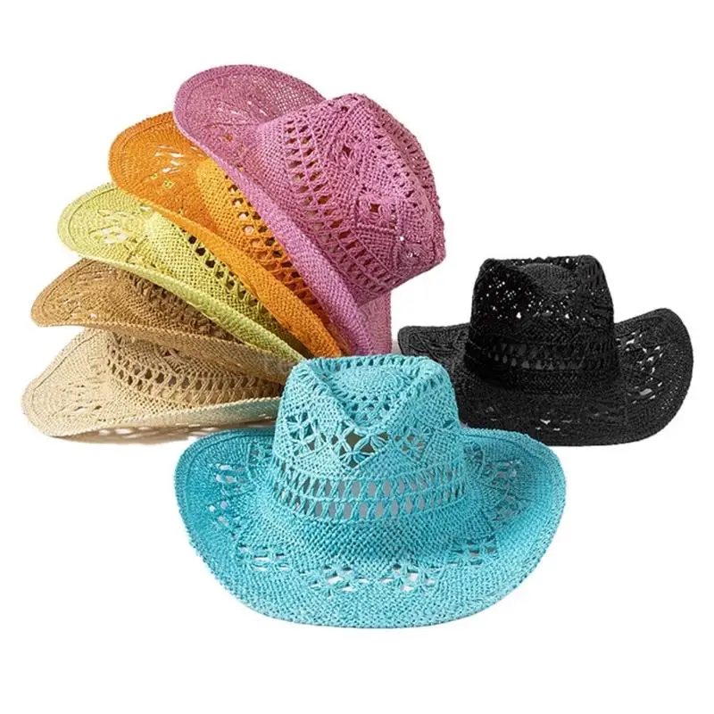 

Adult Cowboy Hats Straw Weaving Hat Eye Catching Hollow out Cowgirl Hat Model Show Camping Photography Cowboy Hats