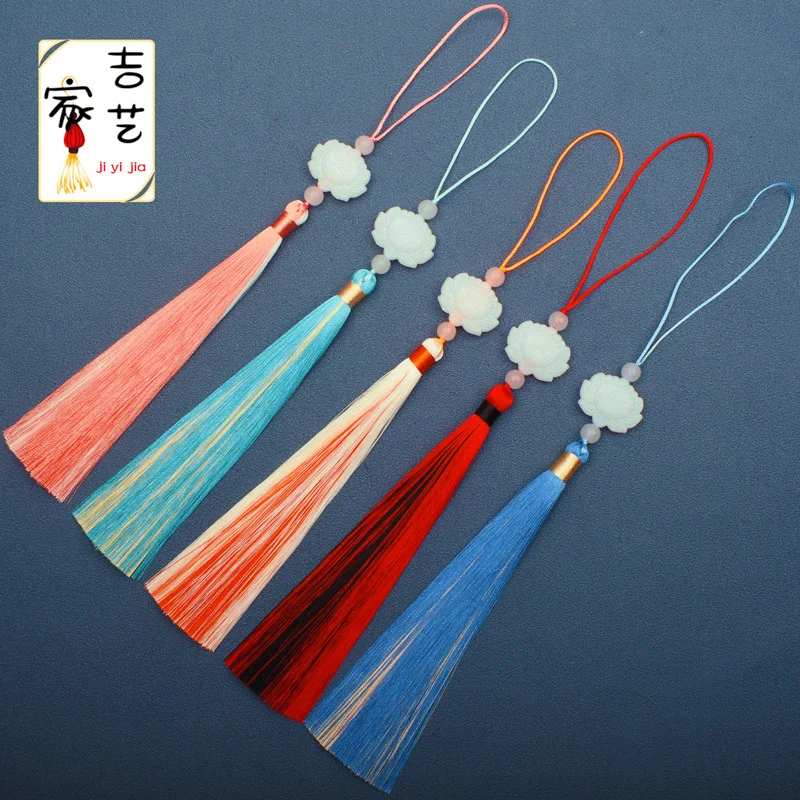 White Jade Lotus Double Colors Tassel Fringe Ornament, DIY Accessory, Clothes, Home Textile Sachet, Bookmark, Bag Pendant, 16cm