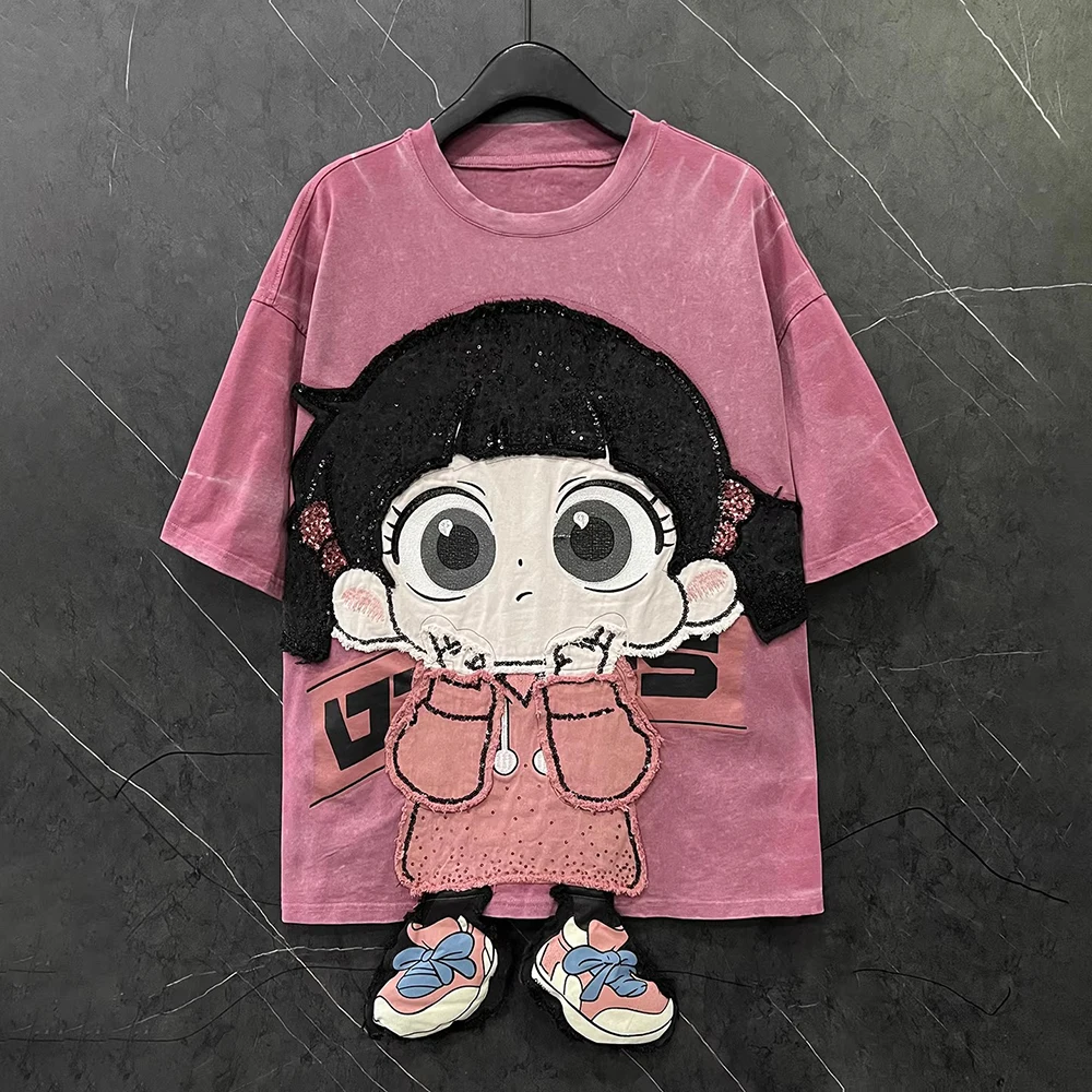 

Футболка для девочек больших размеров, весна-лето, с мультяшным принтом, с коротким рукавом, свободная, повседневная, милая, универсальная, для маленьких девочек