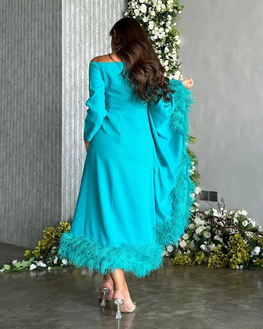 Arabic Prom Dresses Customized Feathers Green Women Evening Gowns Formal Occasion Dress Tea Length Luxury Party Dress