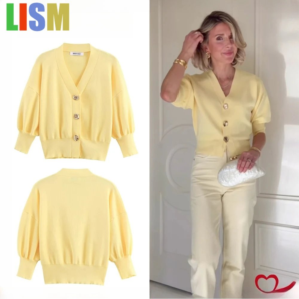 

LISM Yellow Knit Cardigan for Women Elegant Chic Gold Buttons V-Neck Cardigan with Ribbed Trim and Puff Sleeves winter jackets