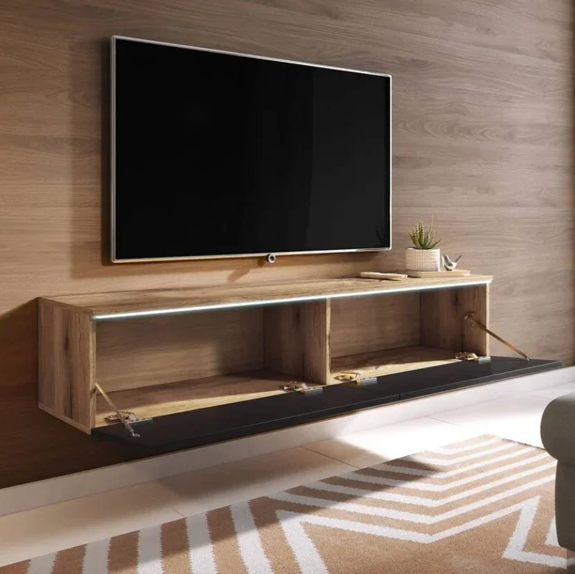 

#For TV Cabinet Oak and Black Lacquered with LED Light 2 Doors 140 cm Black TV Stand with High Gloss Finish Living Room Furnitur