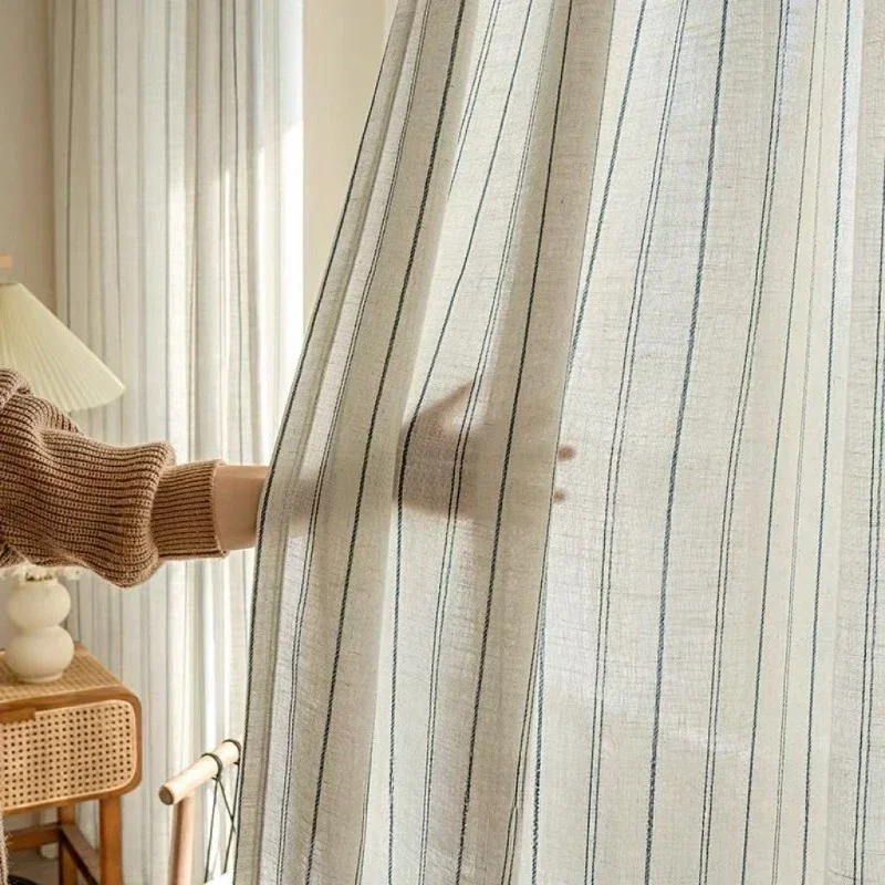 

Cotton Linen Yarn Curtains for Living Room Bedroom Tea Room Chinese Style Log Striped Light-transmitting Opaque Window Gauze