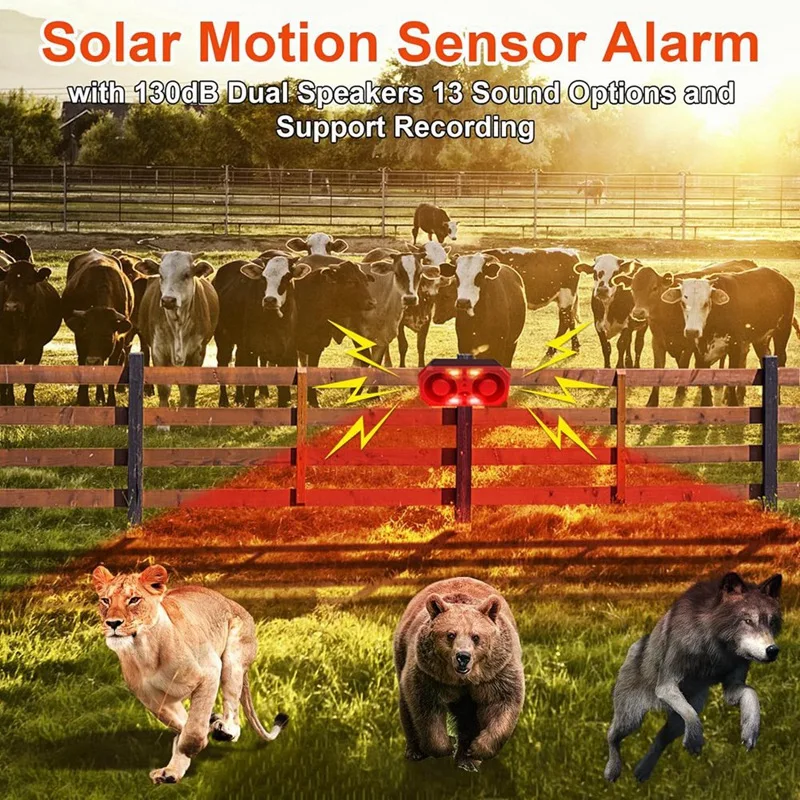 Solar Outdoor Motion Sensor Alarm With 13 Sound,130Db Dual Speaker Motion Detector Alarm Light With Remote For Farm Yard