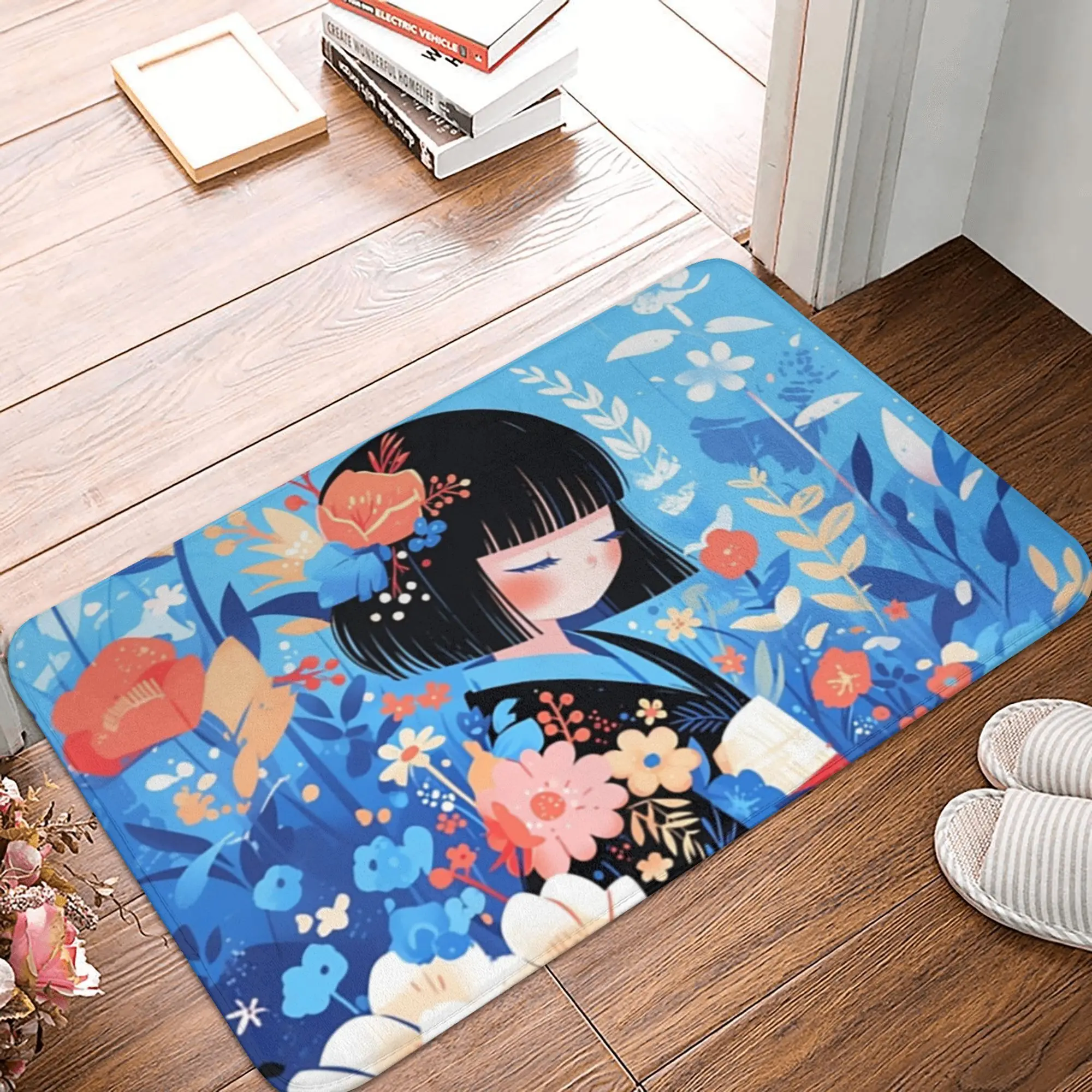 Sakura chica japonesa Kokeshi muñeca puerta delantera suelo alfombrillas de entrada al aire libre baño cocina felpudo alfombra de baño