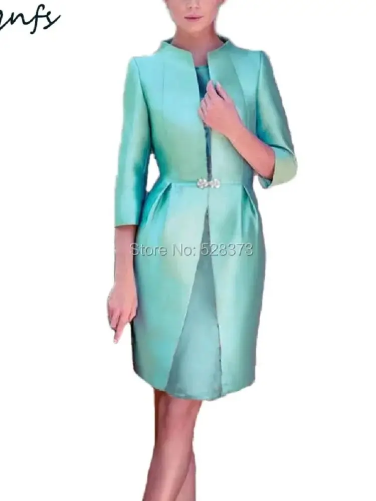 

Turquoise Mother of the Bride Dress Satin 3/4 Sleeve Two Piece Wedding Guest Gown with Jacket, Formal Outfit for Wedding Party