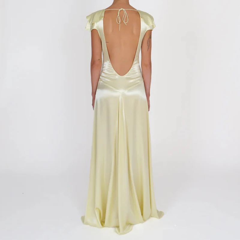 Mode V-hals Grote Backless Satijnen Maxi-jurk Elegante Dames Effen Kleur Slanke Banketjurk Zomer Nieuwe Mouwloze Veterjurken