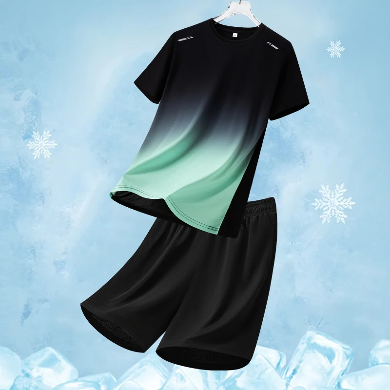 

Летние комплекты для бега: модные мужские и женские комплекты из двух предметов с градиентным принтом, мужские комплекты для бега из ледяного шелка с сетчатой тканью, быстросохнущие.