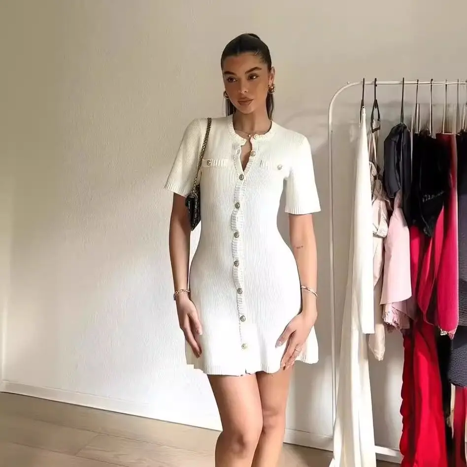 

Knitted Short Sleeve Button Wool Dress Small Fragrant Style French Slim and Skinny