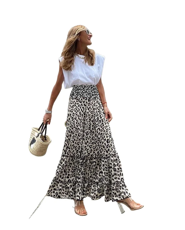 

Лето 2024, повседневное платье без рукавов с рюшами, летняя юбка с леопардовым принтом, офисное длинное эластичное курортное платье с высокой талией
