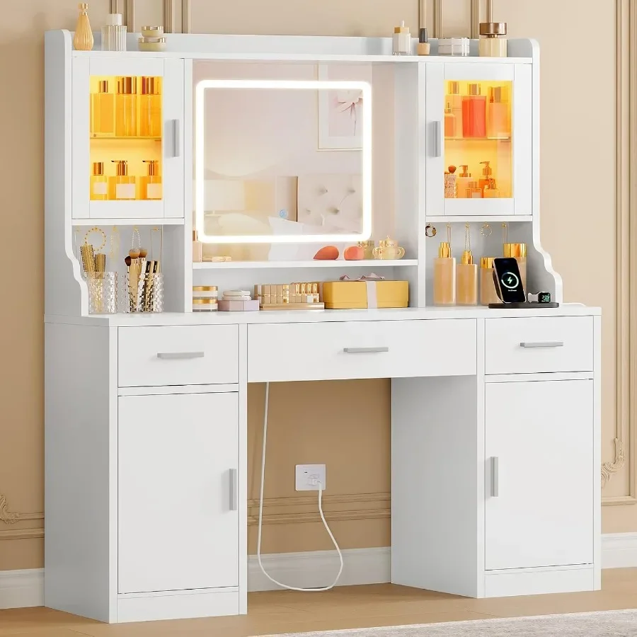 Makeup vanity desk with mirror and lights for bedroom use, white MDF material, RGB lighting modes, 2 large cabinets, 3 drawers, view 2