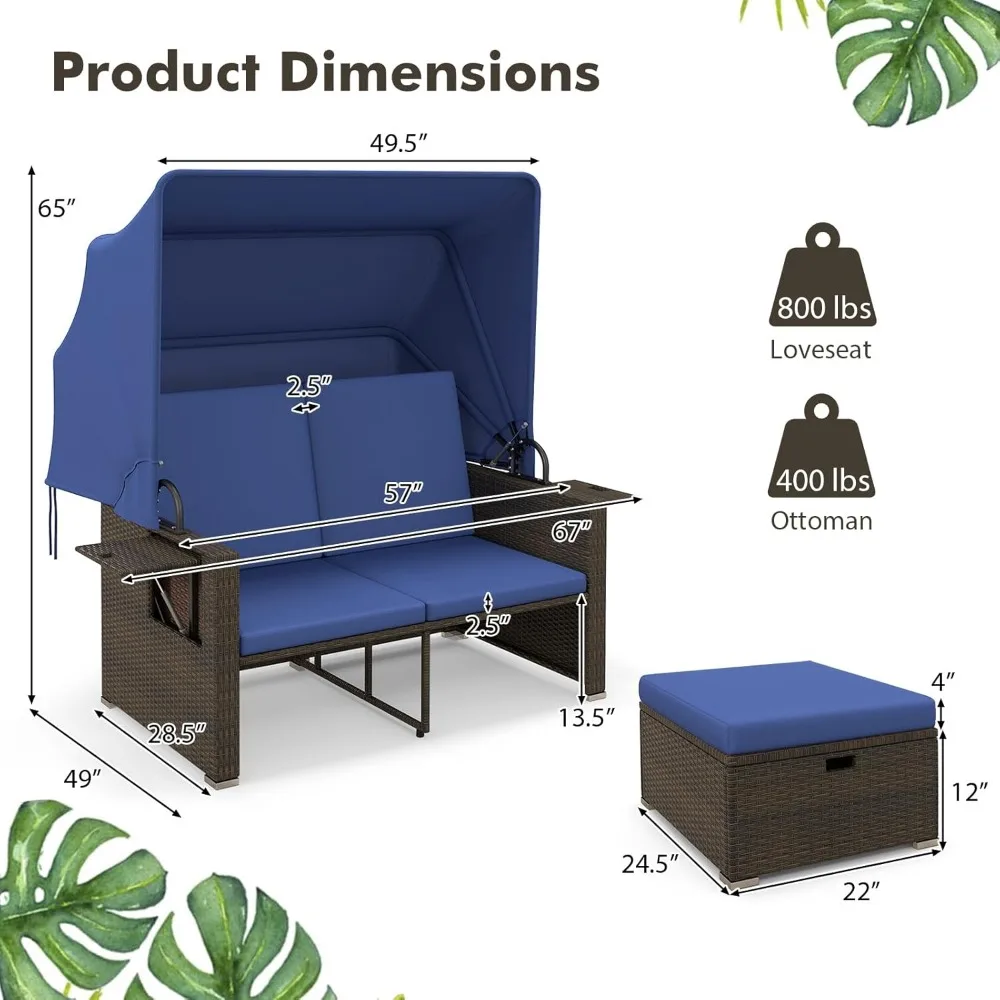 Outdoor Daybed with Retractable Canopy - Rattan Loveseat Sofa Set w/ Adjustable Backrests, 2 Folding Side Panels, Storage
