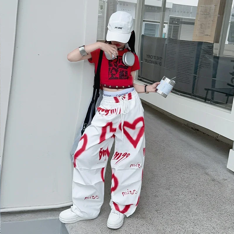 summer junior Girls Love Graffiti Casual Pants teenager girl Casual Hip Hop cargo pants kids Dance pants children clothes