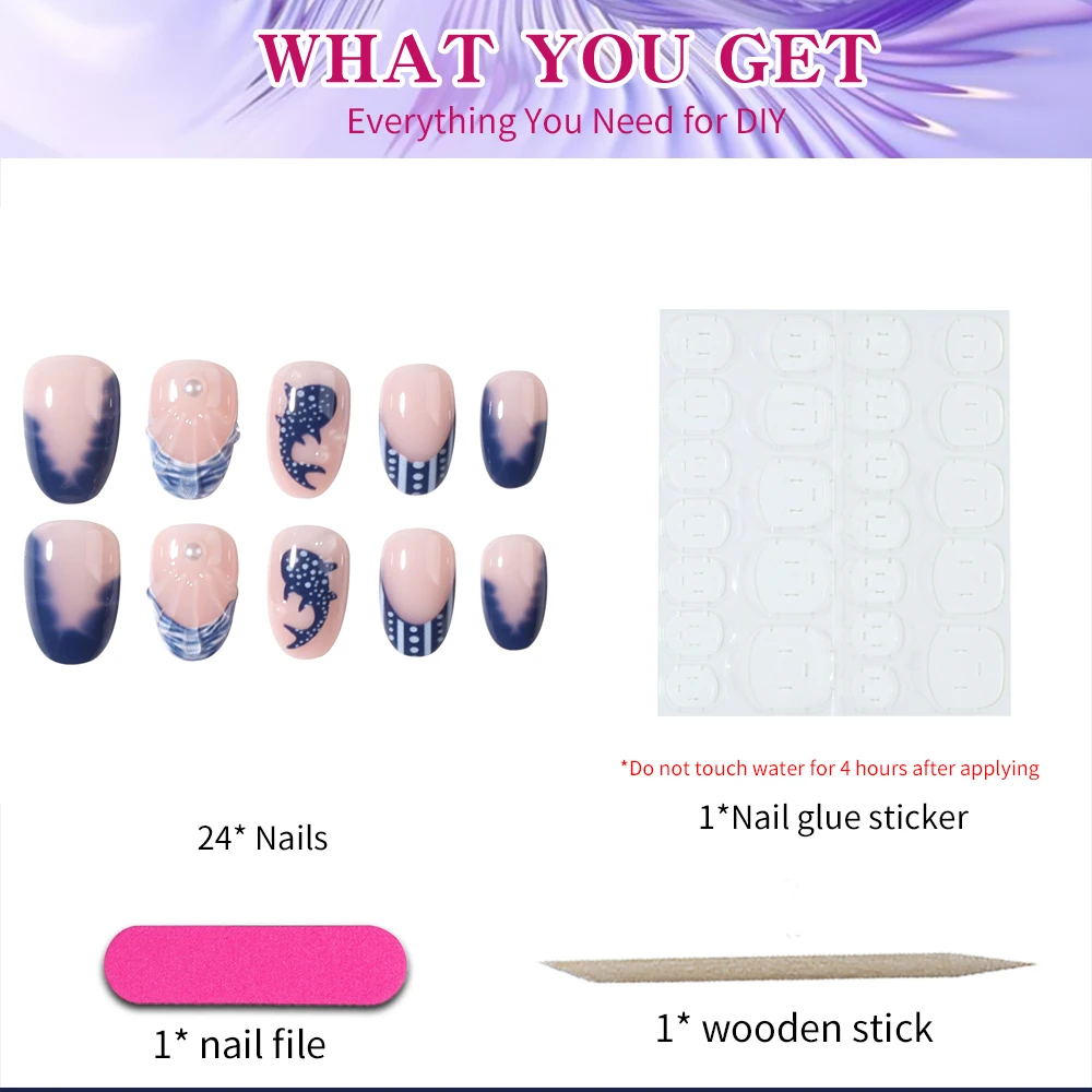 24pcs Almond 3d gel nails Whale pattern Decorate with Pearl blue French Tip Press On Nails ，Ocean style, summer nails, travel view 5