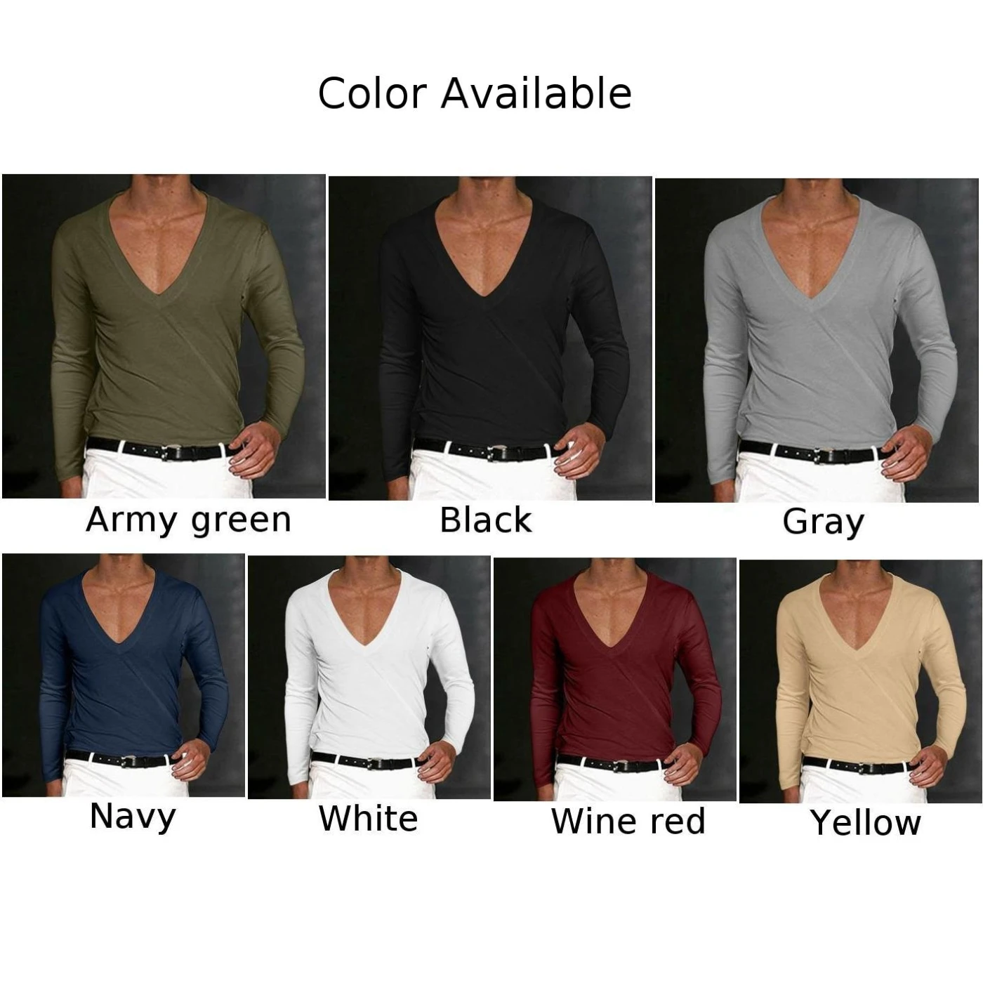 Fashion Men\'s Slim Fit Deep V-Neck Long Sleeve T-Shirt Tees Tops Autumn Spring Basic Undershirt Solid Color T Shirt Man Clothing