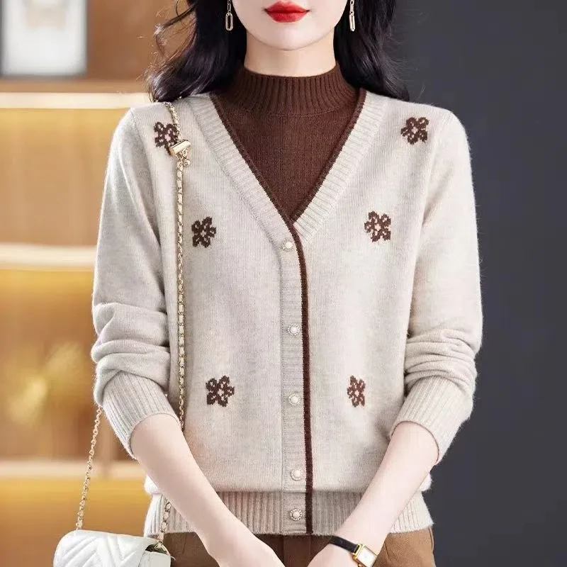Women\'s Clothing Button Long Sleeve Half High Collar Autumn Winter Sweater Knitted Pullover Casual Elegant Screw Thread Tops