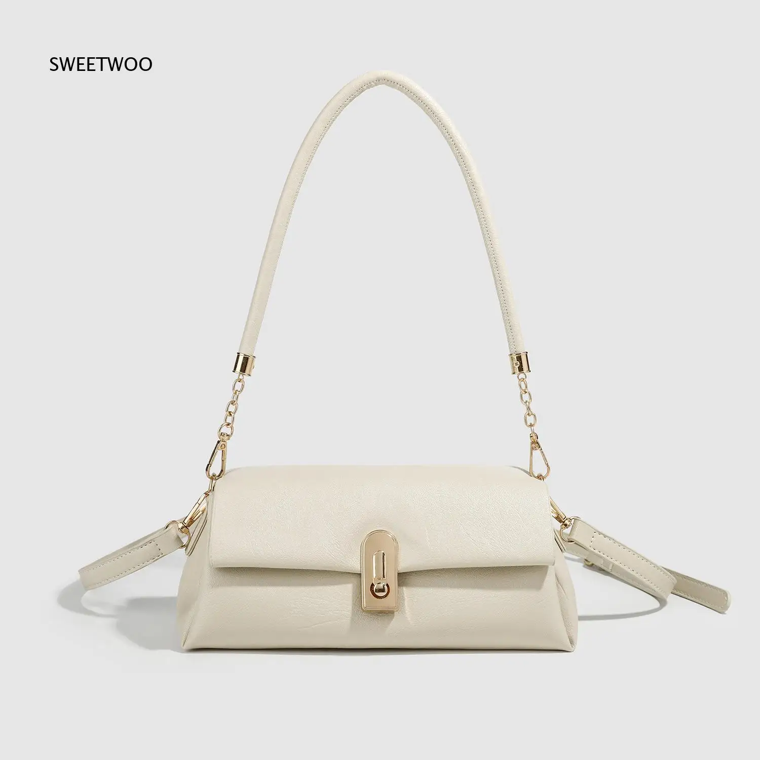 Off White Pu Leather Baguette Shoulder Bag Women Metal Lock Chain Strap Removable Crossbody Strap Elegant Daily Handbag