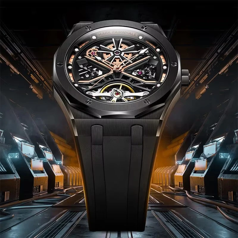 Mark Fairwhal Fashion Tourbillon Watch Men's Silicone Strap Luxury Hollow Luminous Fully Automatic Mechanical Watches reloj