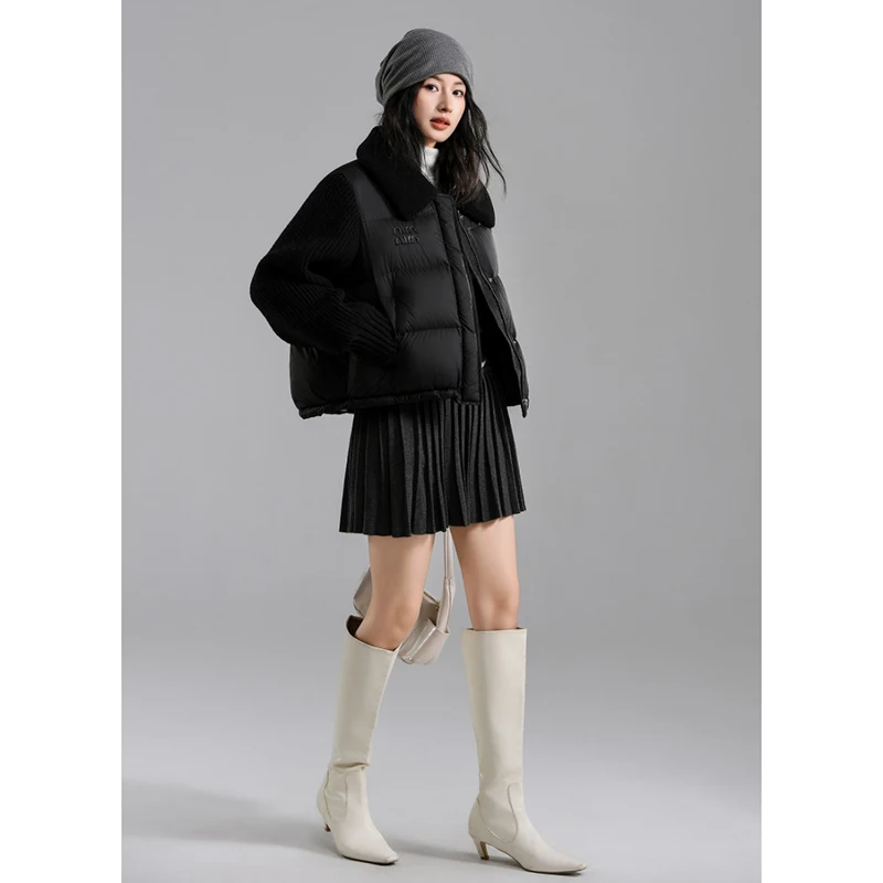 Faionable Knitted Splice ort down Jaet Women's Collar 2024 Winter New Sle Slimming Versatile Outerwear Korean Sle