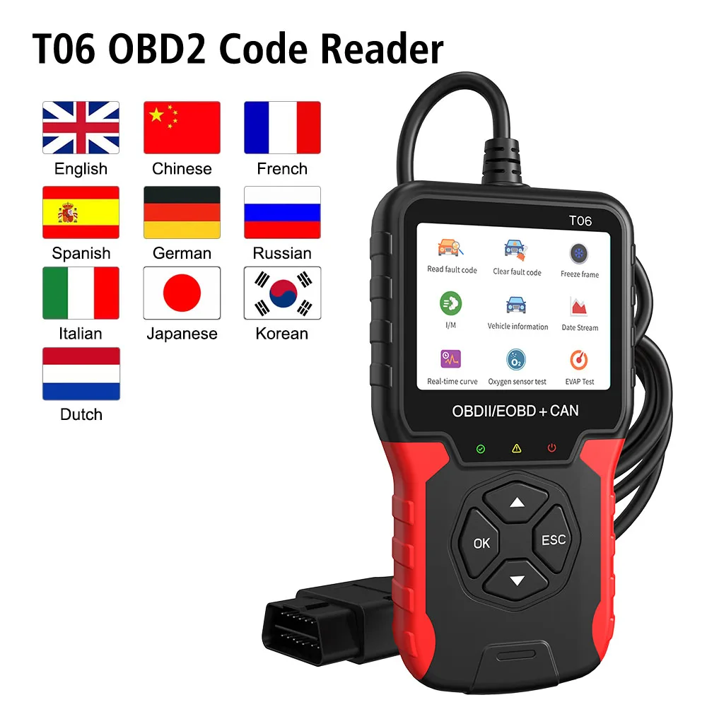 

Multi-language Support Battery Tester Code Reader Check Engine System Auto Accessories Car Diagnostic Tool OBD2 Scanner T06