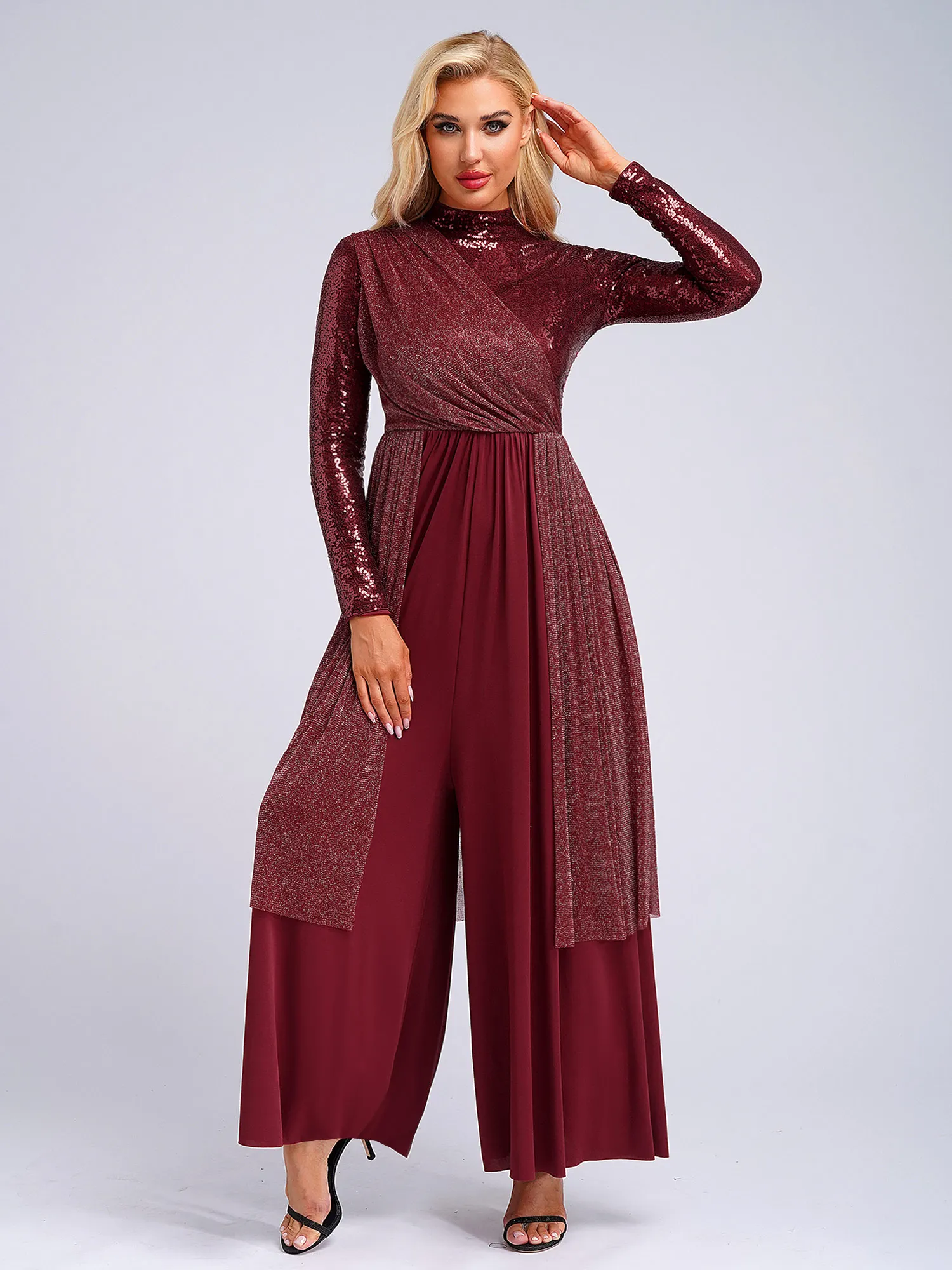 Women Praise Worship Liturgical Ministry Dancewear Church Choir Robe Long Sleeve Mock Neck Sequin Shimmery Overlay Jumpsuit