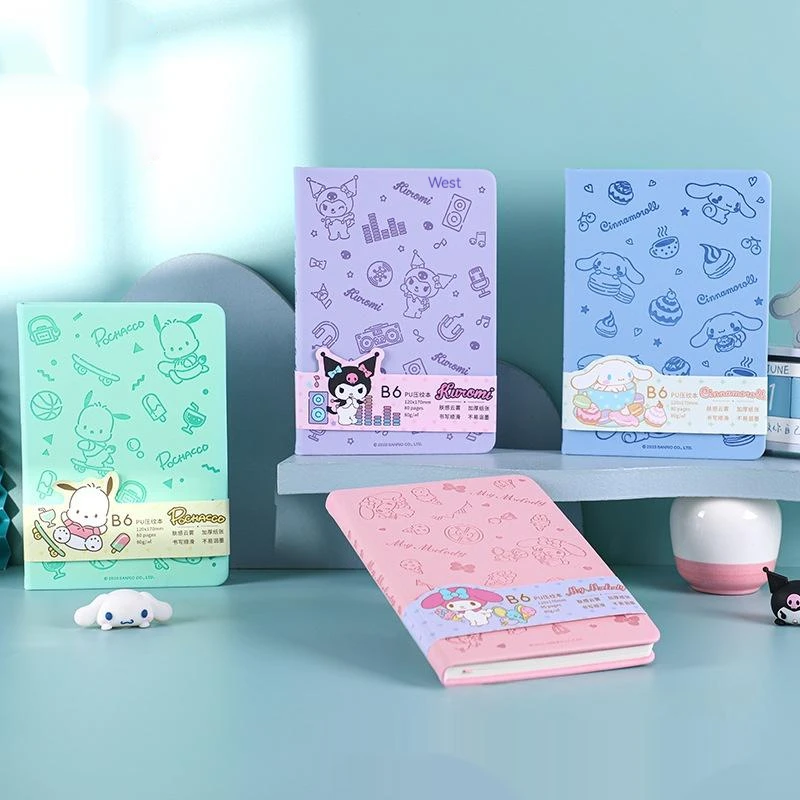 Sanrio Stationary Pochacco Kuromi Notebooks PU Embossed Diary Book Student B6 Note Books Cartoon Color Pages School Supplies