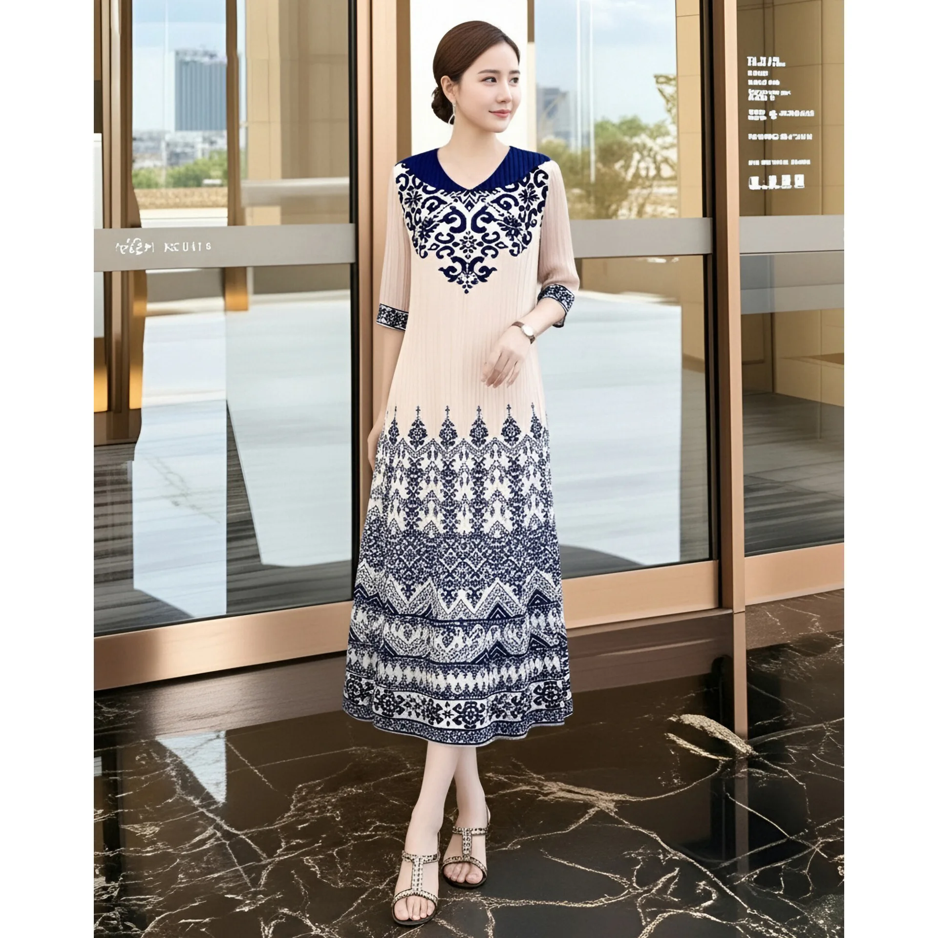

High-end and Elegant Dress, New Style of Elegant and Dignified Mother's Clothes, Spring Dress, Miyake Pleated Blue Long Skirt