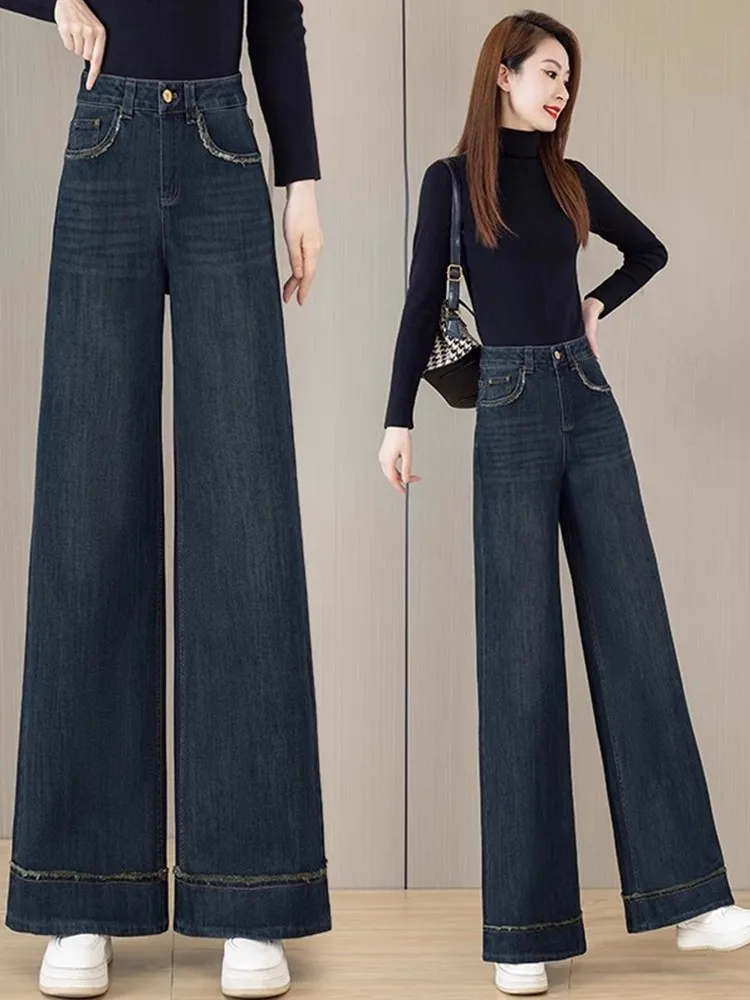 

High Waist Thickened Fleece Wide Leg Jeans Women's Loose Fit Straight Cut Casual Style Spring Autumn Winter New Arrival