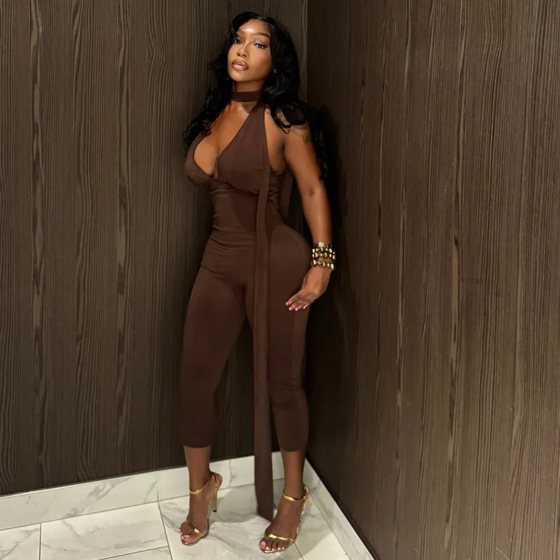 

Leosoxs Sexy Backless Playsuit Women Deep V-Neck Lace-Up Ribbon Sleeveless Elegant Fashion Stretch Skinny Street Clubwear