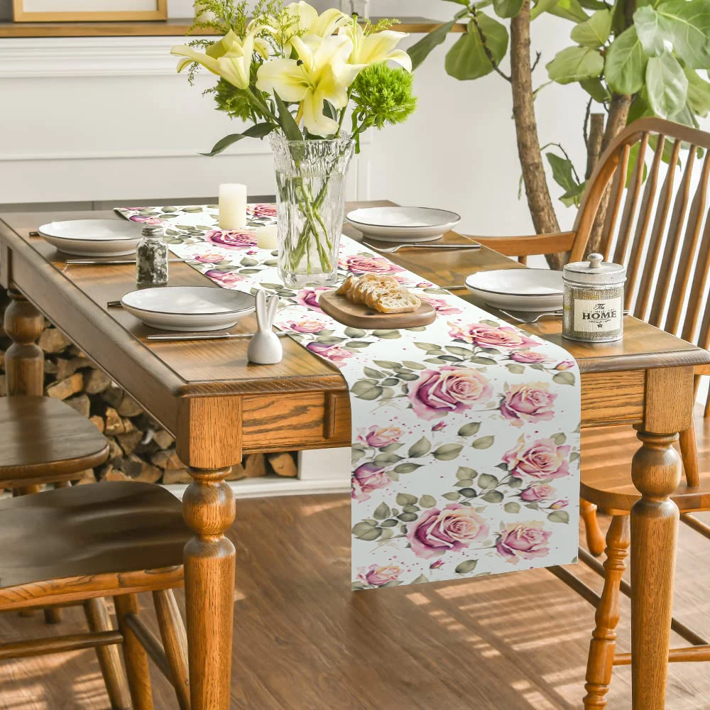 Pink Rose Pattern Table Runner Home Wedding Table Mat Centerpieces Home Decoration Party Dining Long Tablecloth