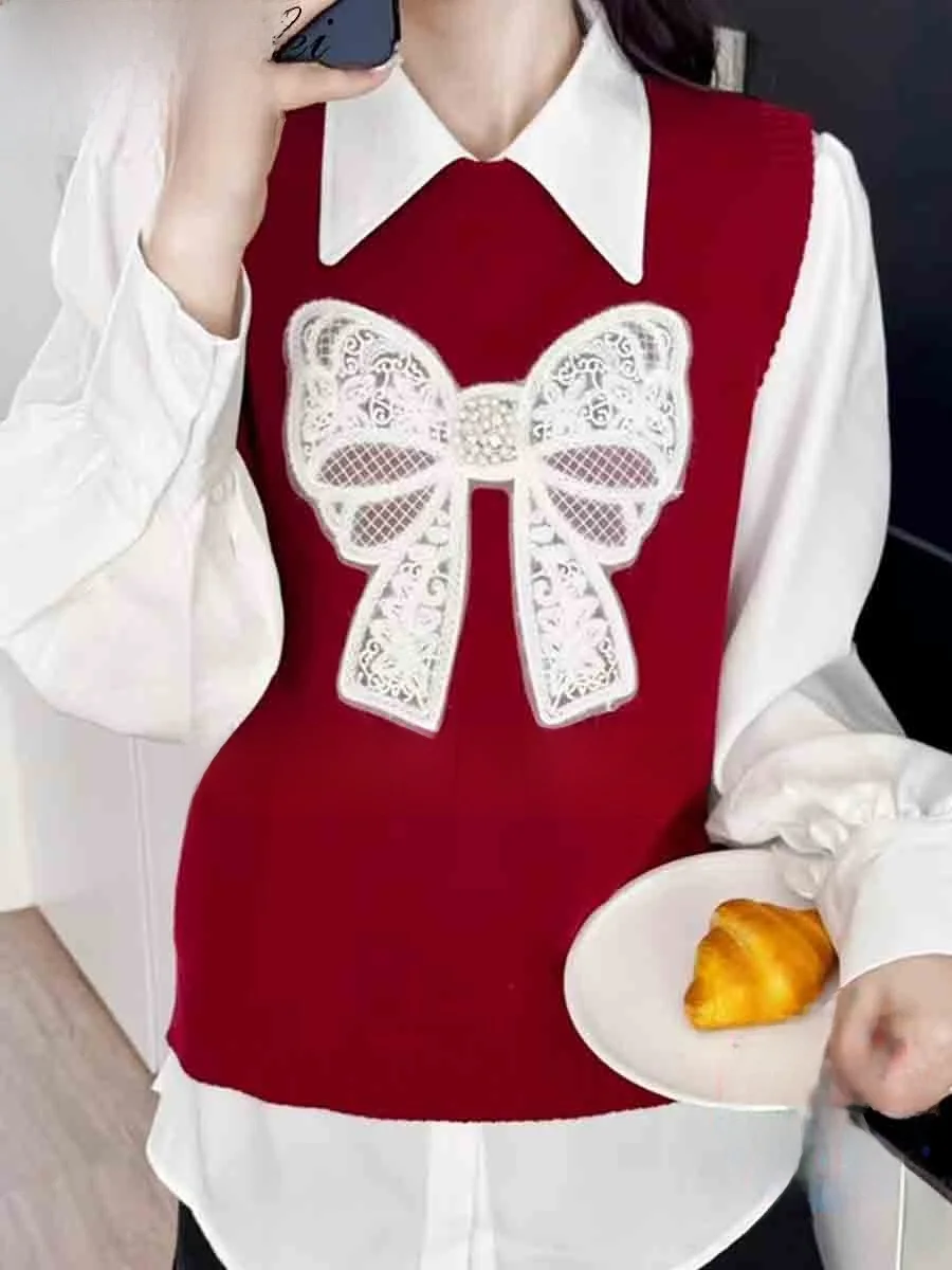 

Women's Knitted Vest Knot Beaded Sweater Top V-Ne Layering Faionable Outerwear oulder Pad Regular Thin